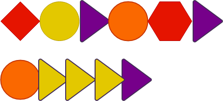 Message codé formé de deux lignes de formes géométriques colorées : losanges, cercles, triangles et hexagones, en rouge, jaune, orange et violet.