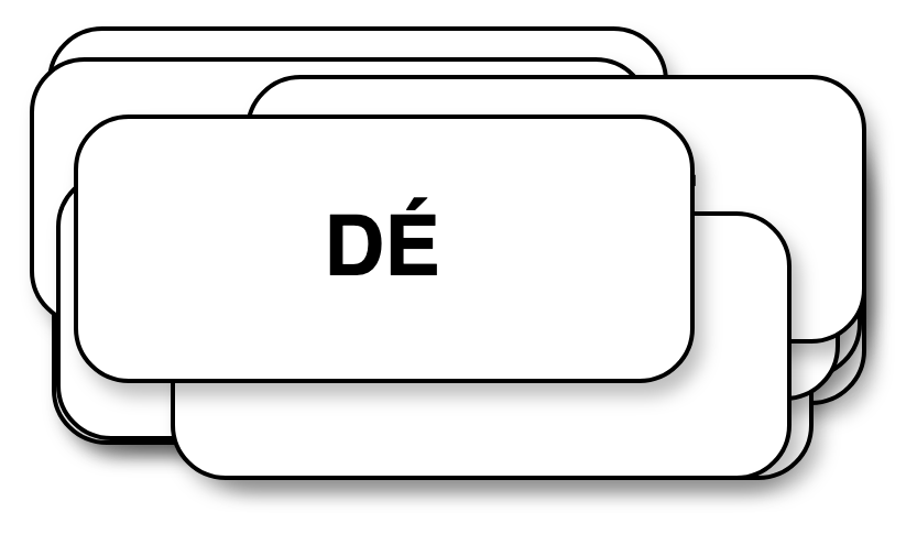 Un tas de cartes blanches empilées les unes sur les autres, dont seule celle du dessus est lisible.