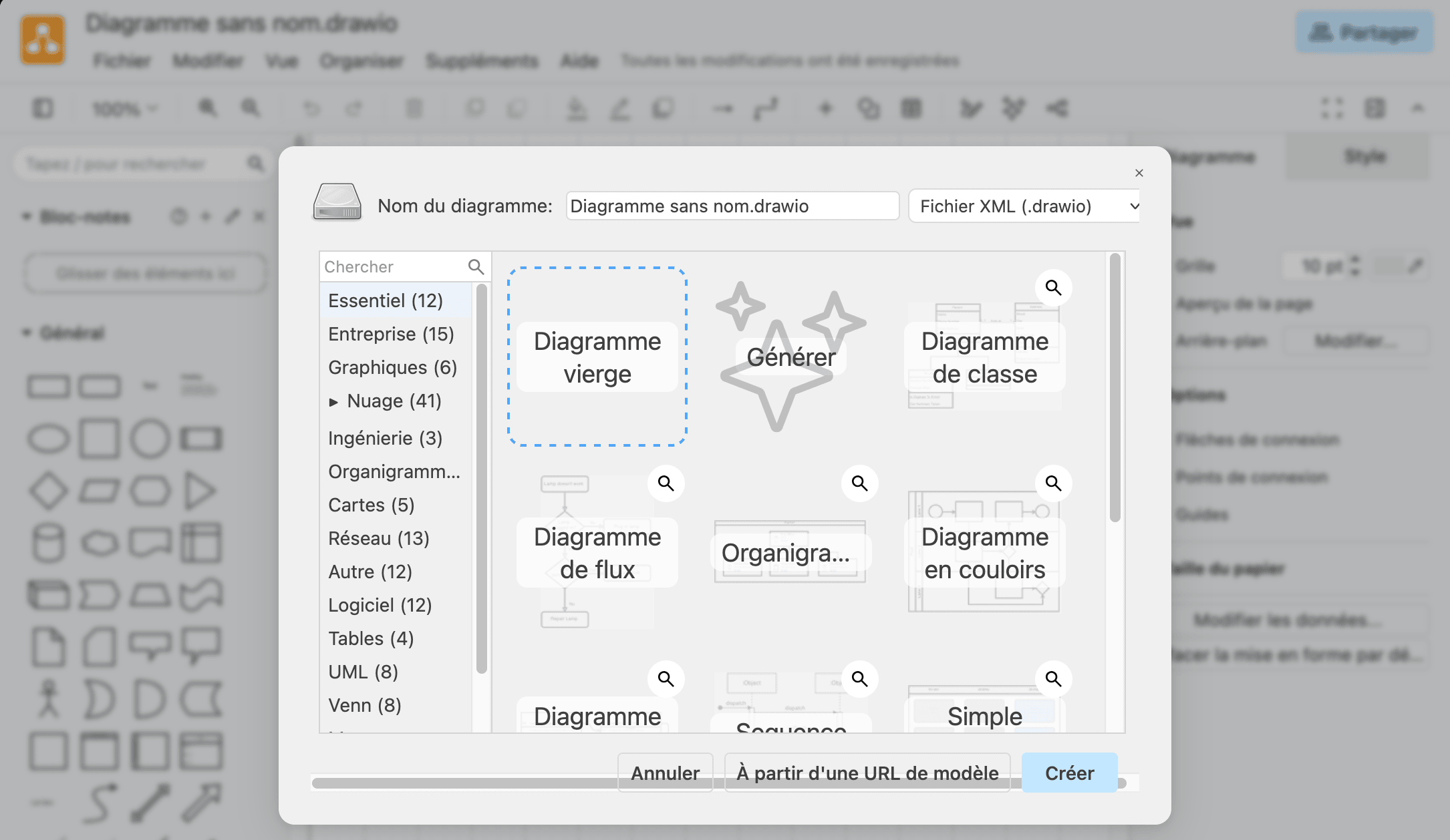 La boîte de dialogue de création, avec Diagramme vierge sélectionné.