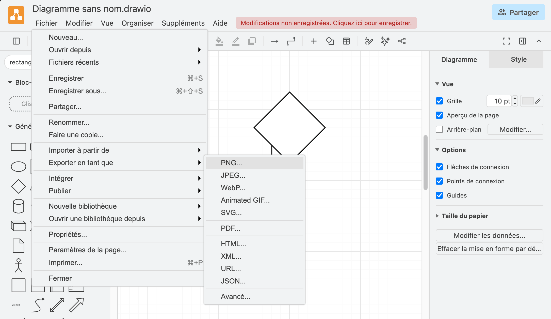 Le menu Fichier ouvert sur Exporter en tant que, avec l’option PNG en surbrillance.