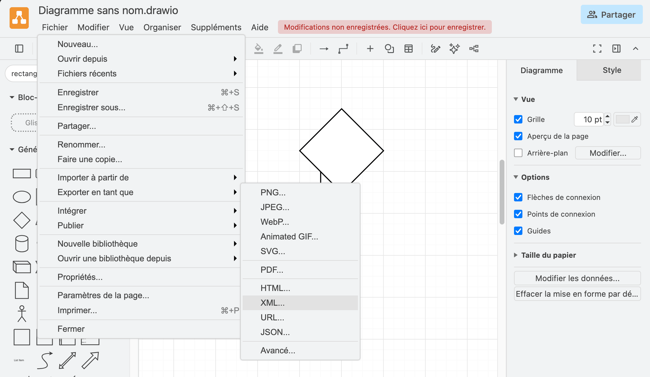 Le menu Fichier ouvert sur Exporter en tant que, avec l’option XML en surbrillance.