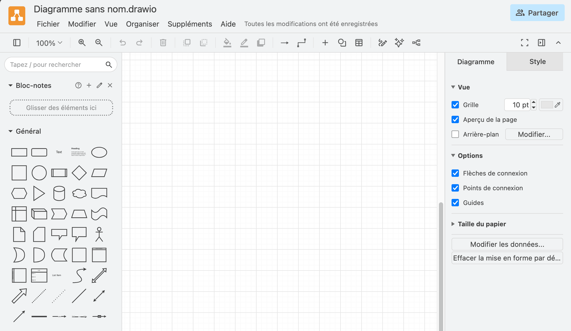 L’interface de draw.io&nbsp;: le panneau des formes à gauche, la feuille blanche au centre, le panneau de mise en forme à droite.