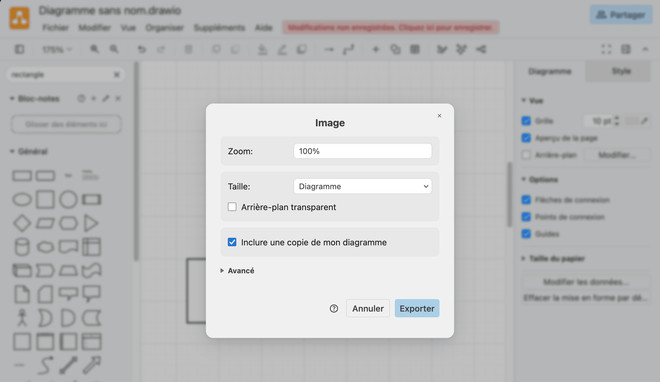 La boîte de dialogue Image, avec la case Inclure une copie de mon diagramme cochée et le bouton Exporter.