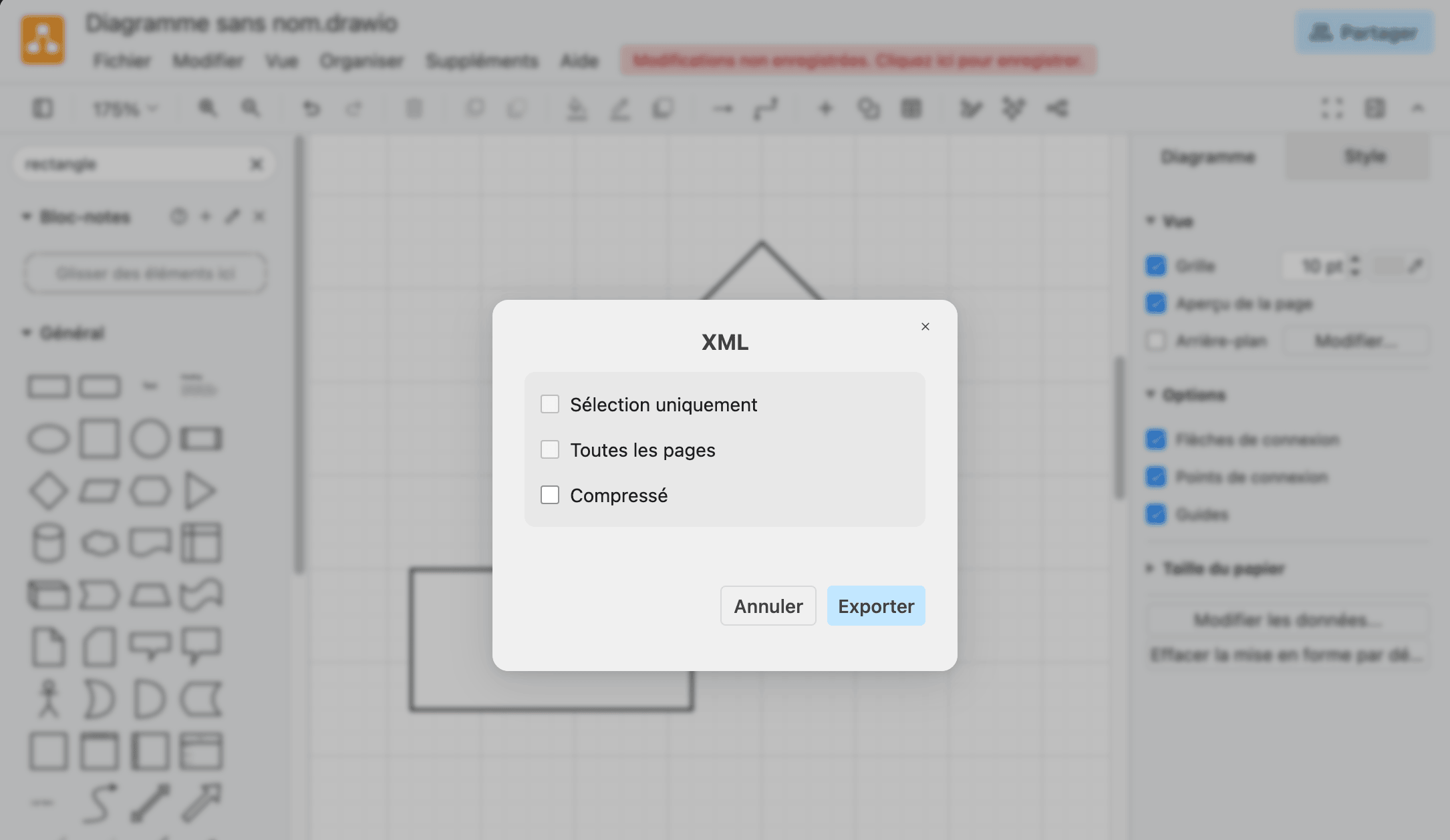 La boîte de dialogue XML, avec les cases Sélection uniquement, Toutes les pages et Compressé décochées.