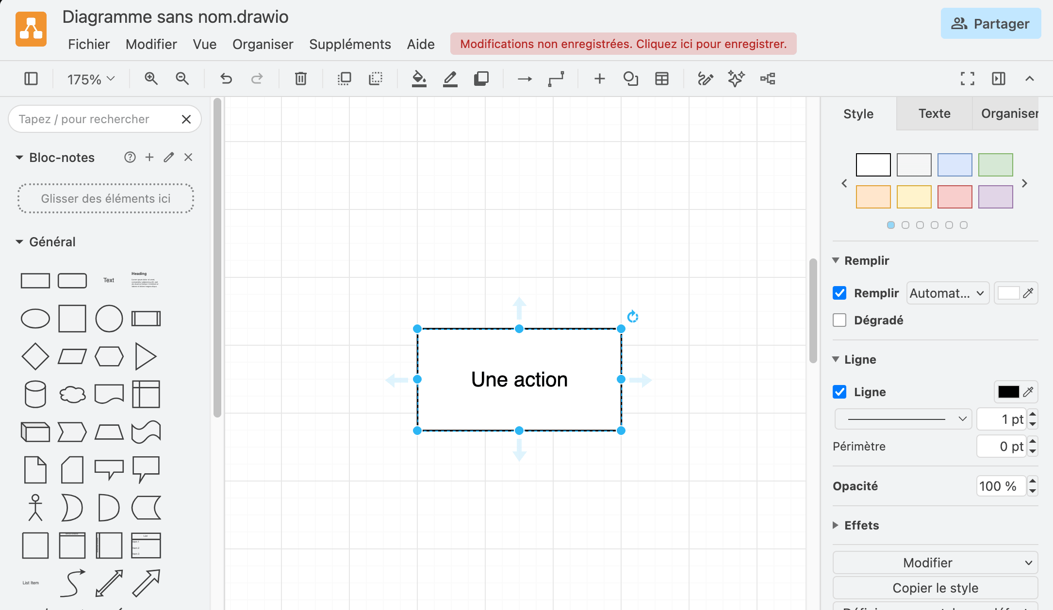Un rectangle posé sur la feuille, sélectionné, contenant le texte Une action.