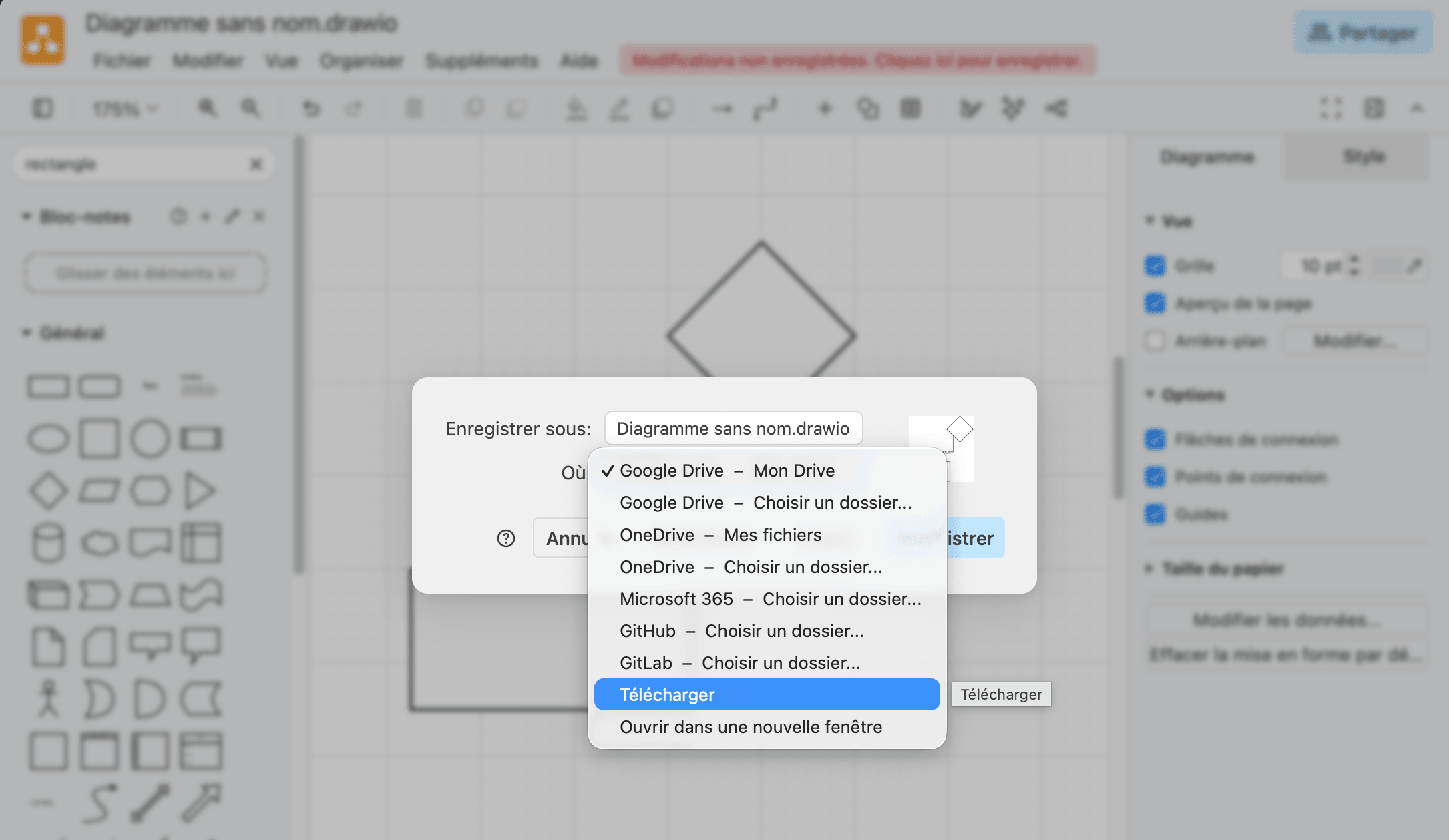 La fenêtre Enregistrer sous, avec la liste Où déroulée et l’option Télécharger en surbrillance, sous les entrées Google Drive et OneDrive.