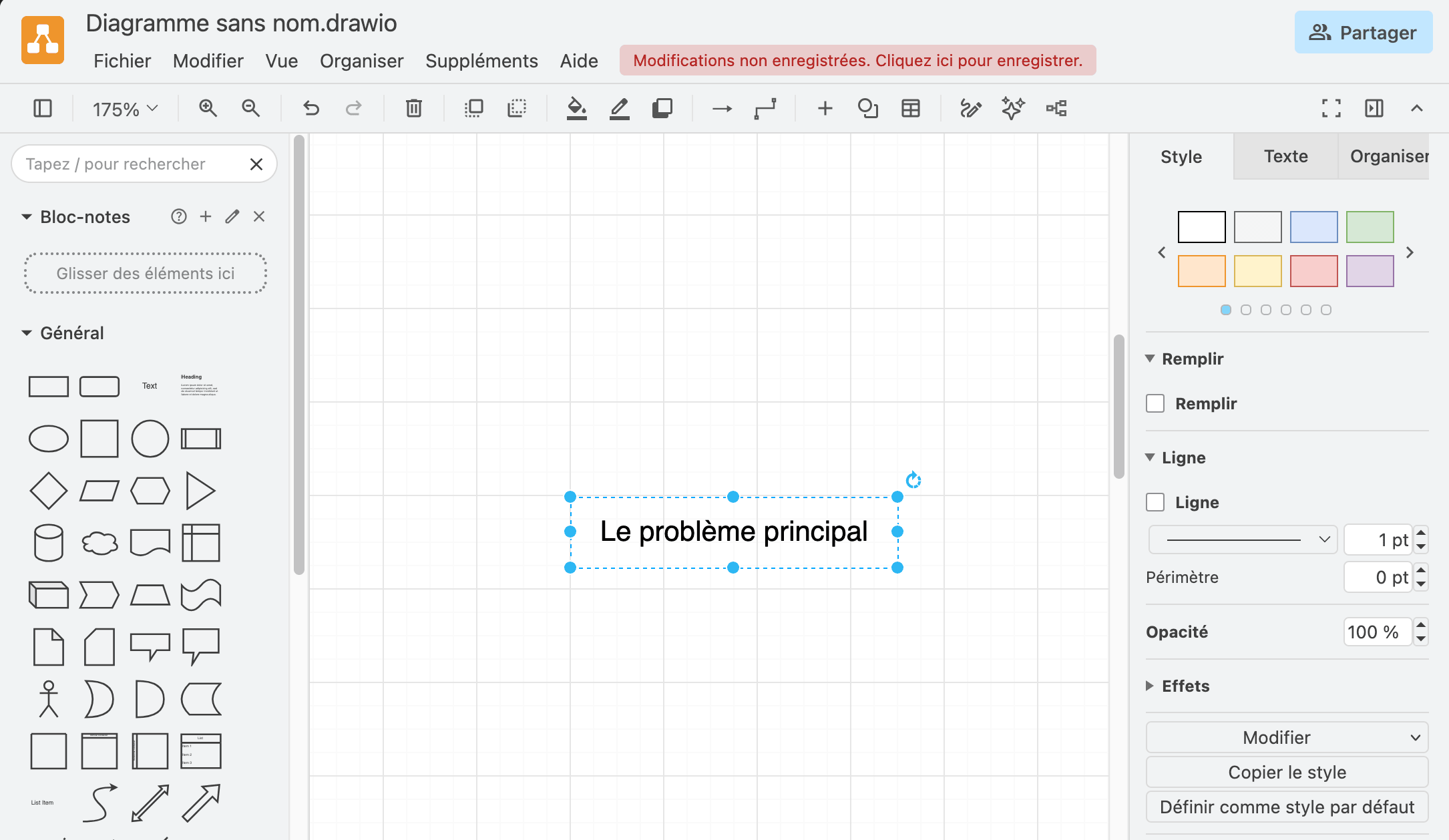 Le problème principal écrit en texte libre sur la feuille, sélectionné, sans cadre autour.